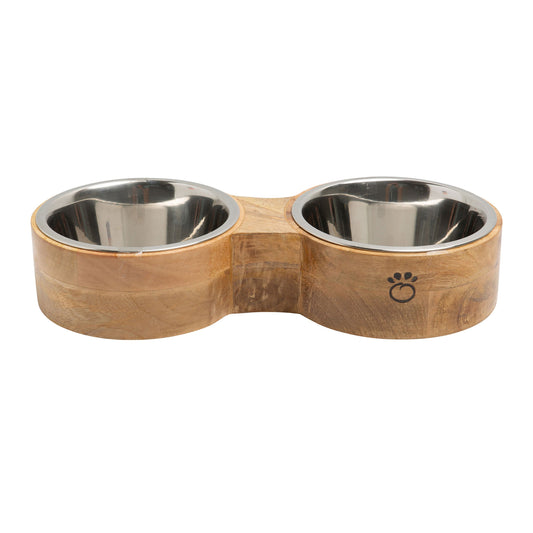 Luxury Mango Wood Pet Bowl Set<two bow>| Elevated Dog & Cat Dishes with Stainless Steel Bowls Pet&Paw