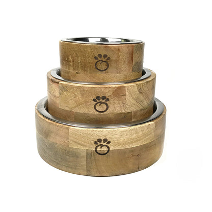 Luxury Mango Wood Pet Bowl Set<one bow>| Elevated Dog & Cat Dishes with Stainless Steel Bowls Pet&Paw